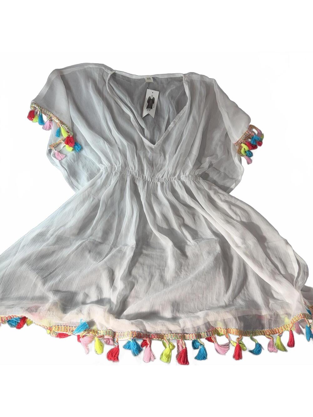 Cruise Club White Sheer Beach Cover Up Dress Tassels Cinched Waist Boho